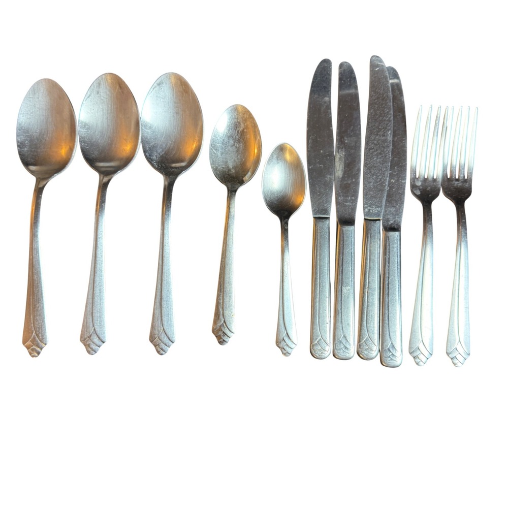 Vintage Stainless USA Flatware Set 11pc Art Deco Shell Fan Pattern Silverware